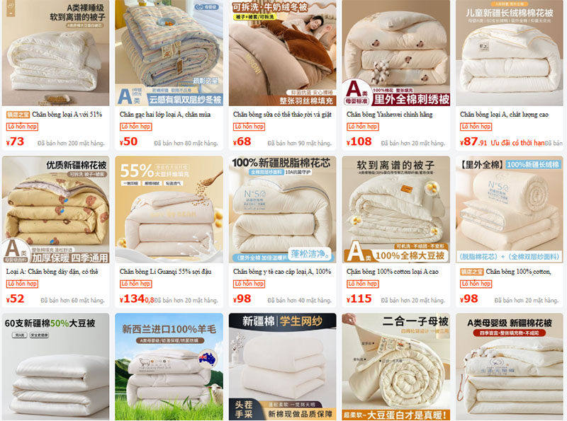 Nguồn hàng chăn bông nội địa Trung trên 1688