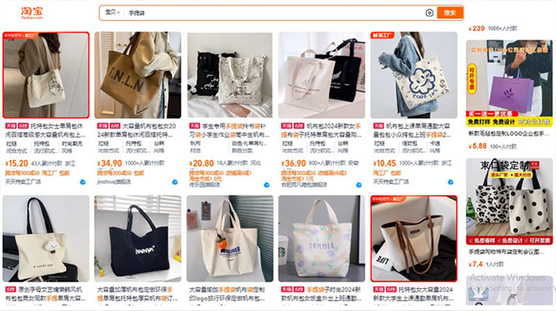 Nguồn order túi tote nội địa Trung trên Taobao