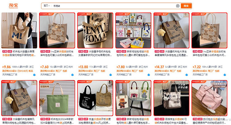 Nguồn order túi tote nội địa Trung trên Tmall