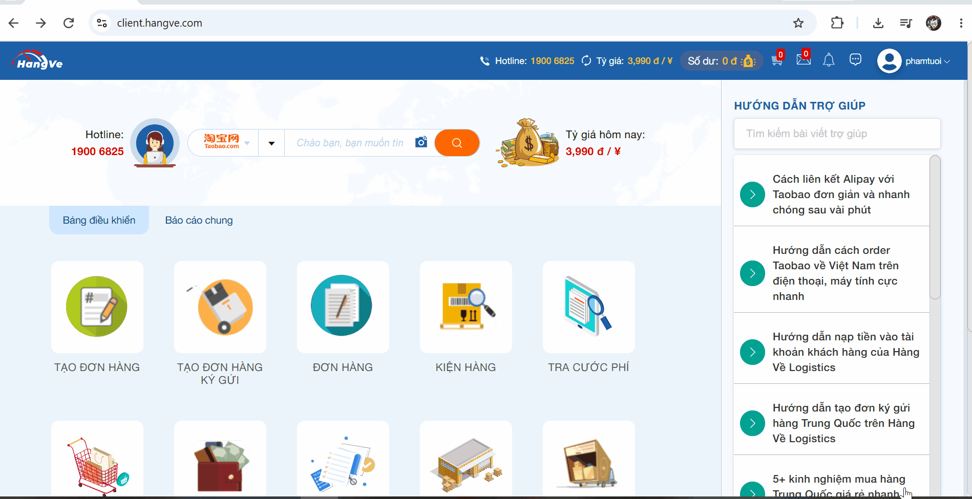 Bạn đăng nhập vào tài khoản trên Hàng Về và chọn mục tạo đơn order