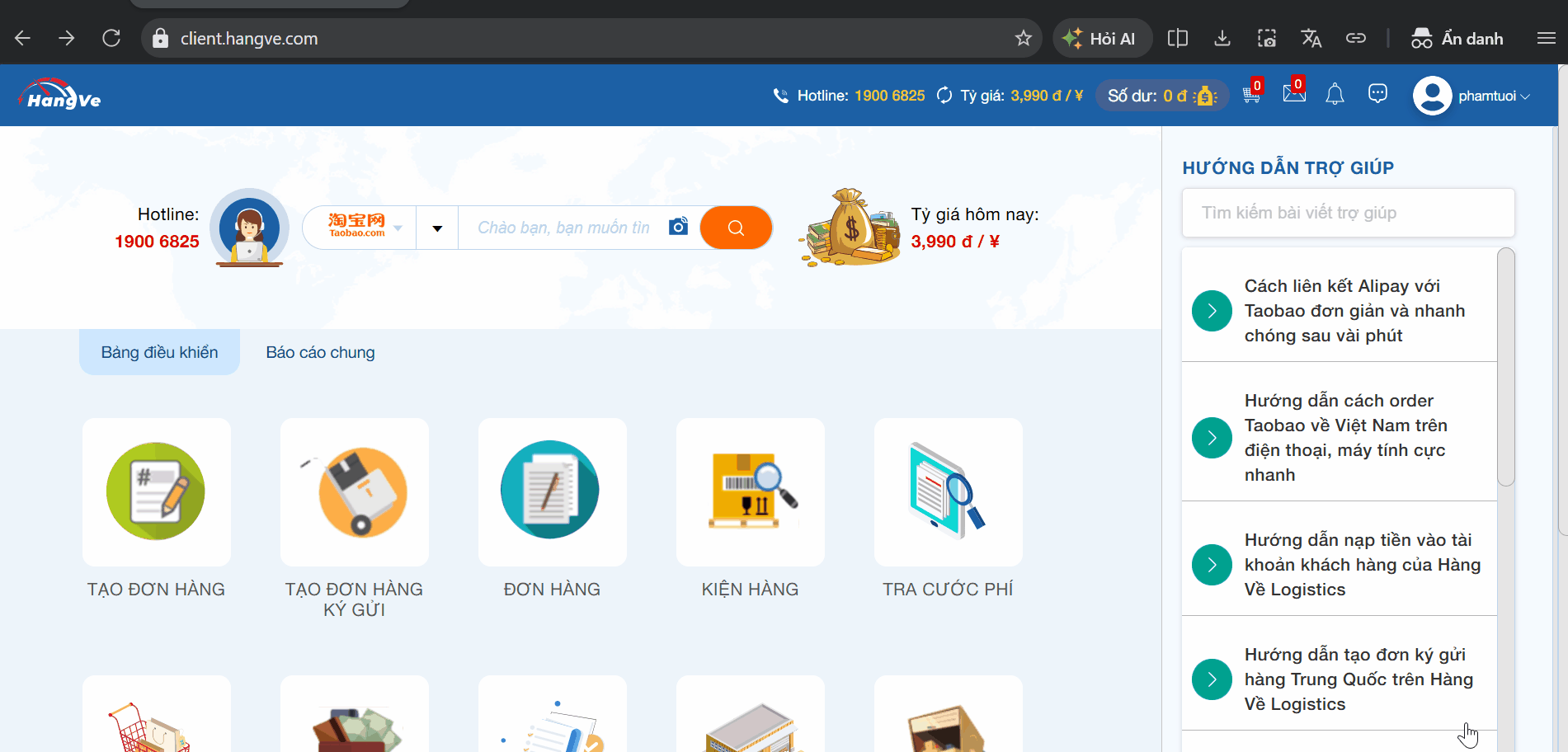 Sau khi đăng nhập tài khoản trên Hàng Về, bạn chọn mục "Tạo đơn hàng ký gửi"