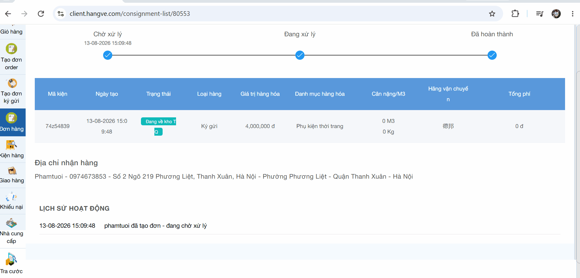 Click xem chi tiết đơn hàng để kiểm tra đầy đủ thông tin đơn hàng ký gửi