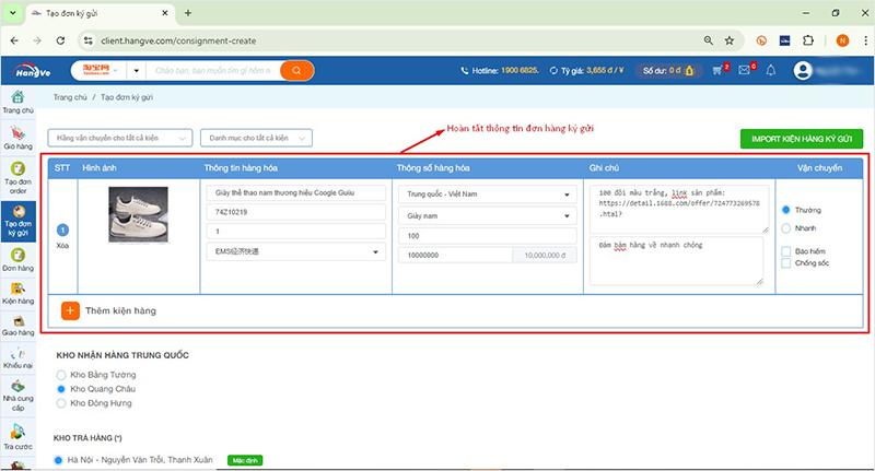Tạo đơn ký gửi hàng Trung Quốc