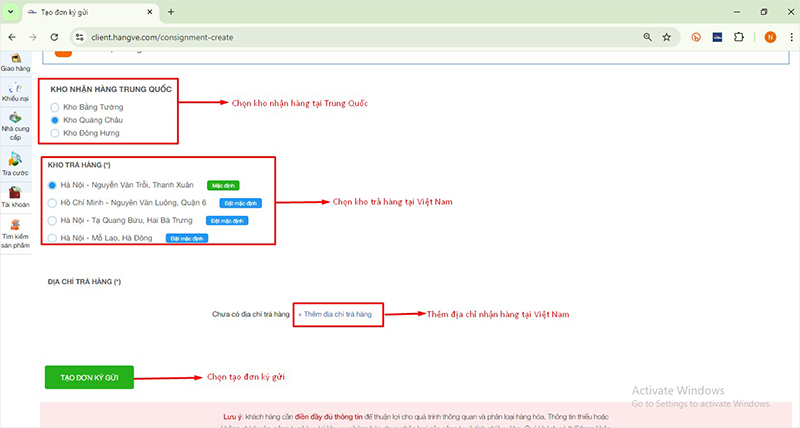 Tạo đơn ký gửi hàng Trung Quốc