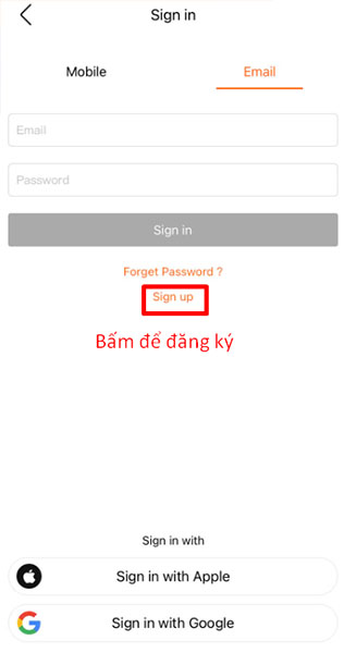 Bấm vào ô “Sign up” để vào mục đăng ký